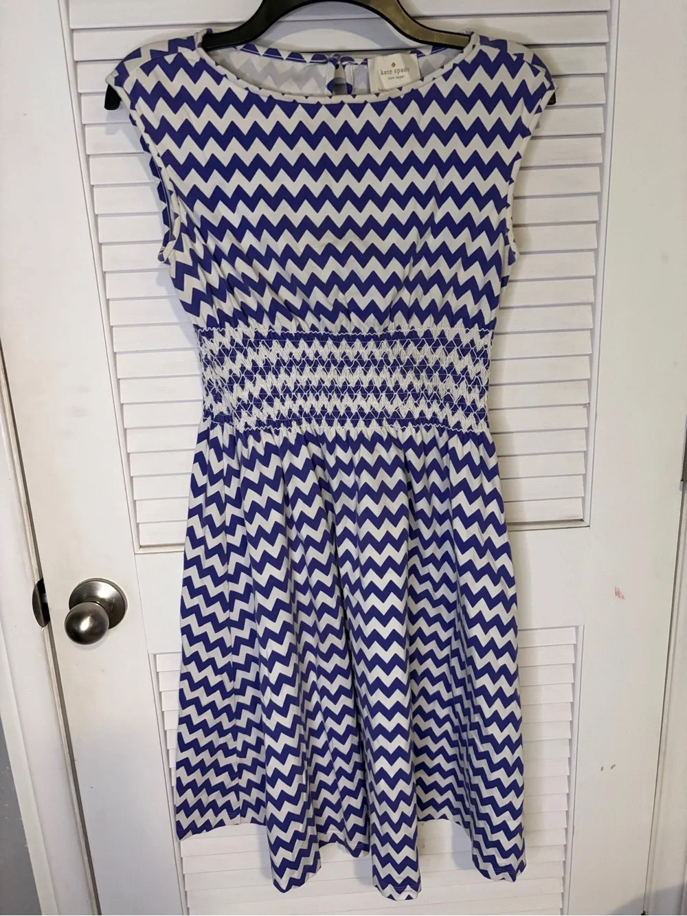 kate spade Blue and White Chevron Smocked Midi Dress with Cap Sleeves
